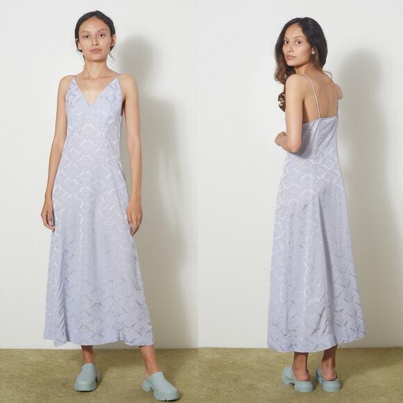 Ganni Floral Jacquard Midi Slip Dress In Cosmic Sky Size 38 US 6 NEW - Picture 1 of 12